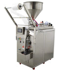 Built Like A Tank Stainless Steel Automatic Filling Machine For Thick Pastes And Thin Liquids with funnel and hose, 10 to 100 ml capacity.