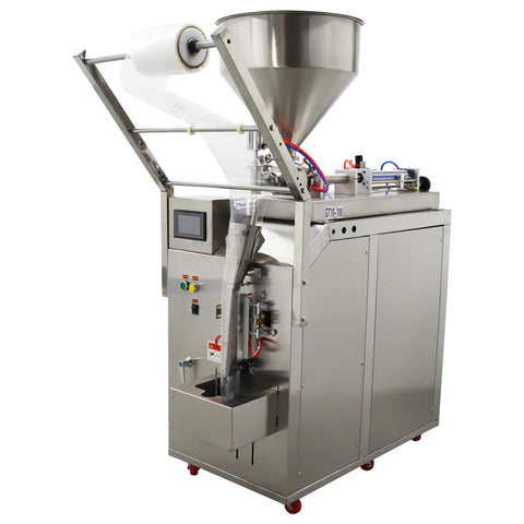 Built Like A Tank Stainless Steel Automatic Filling Machine For Thick Pastes And Thin Liquids with funnel and hose, 10 to 100 ml capacity.