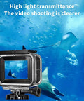 Waterproof Action Camera Housing For 13 12 11 10 9, 196 Feet Deep Underwater Case with ocean background and clear view