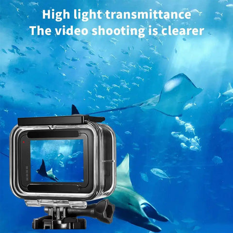 Waterproof Action Camera Housing For 13 12 11 10 9, 196 Feet Deep Underwater Case with ocean background and clear view