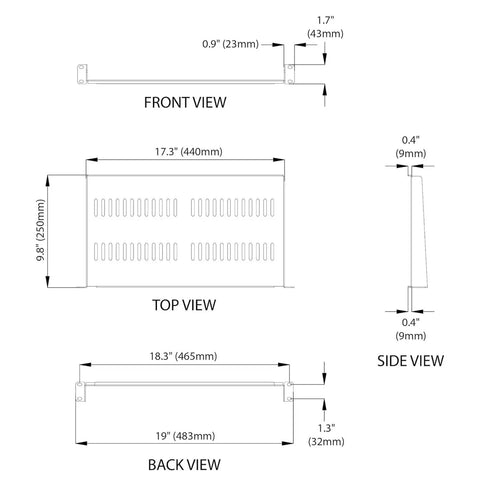 Heavy Duty 1U Server Rack Shelf With Vented Mounting Tray For 19 Inch Equipment Cabinets dimensions front top side back views