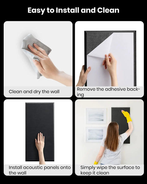 Easy installation steps for Top Shelf 4 Pack Acoustic Panels 2.4 Inch Thick Fiberglass Soundproof Wall Panels.