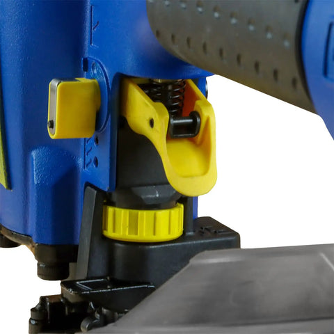 Close-up of Workhorse Pneumatic 15 Degree Coil Roofing Nailer with swivel fitting, showing yellow coil magazine detail.