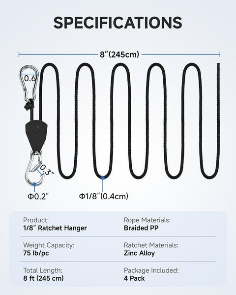 8 Ft Adjustable Ratchet Tie Downs 4 Pack With Quick Lock Pulley System And 75 Lb Per Strap Capacity specifications chart