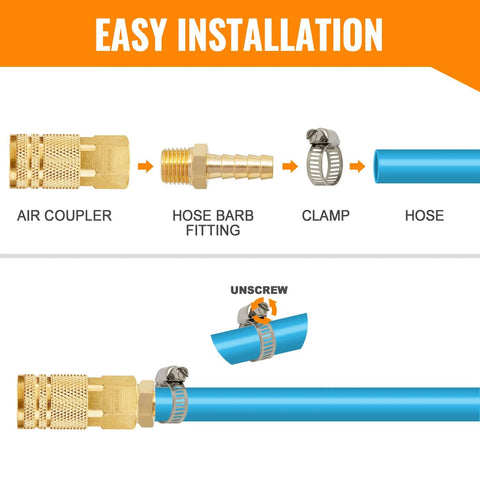 SUNGATOR brass hose barb fittings, 3/8'' NPT male to 3/8'' barb, with hose clamp and blue hose (2-pack)