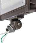 Close-up of 2 Pack 50W Outdoor LED Flood Lights With Dusk To Dawn Photocell, showing adjustable arm and wiring connection.