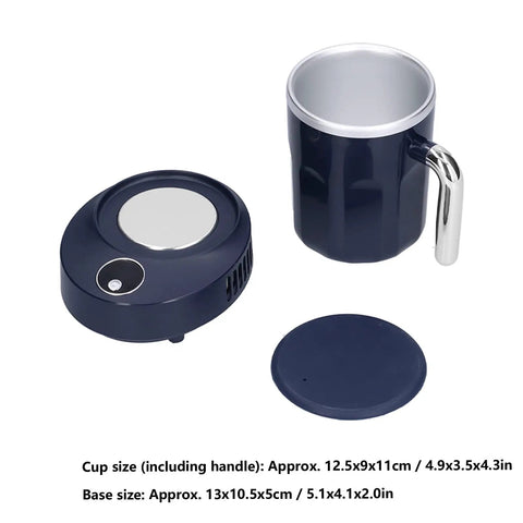 Smart Heated Coffee Mug With Portable Temperature Control Cup And Electric Warmer, navy blue design with a silver handle and base.