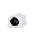 SCS16UU linear motion bearing block, front-angled view, white aluminum housing, 16 mm bore