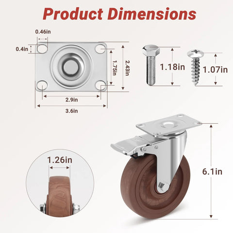 5 Inch Heavy Duty Casters Set Of 4 With Brakes 2400 Lbs Capacity High Temperature Glass Filled Nylon Wheels For Workbenches and Industrial Carts Heat Resistant From Minus 40 F To 475 F Durable Castors dimensions