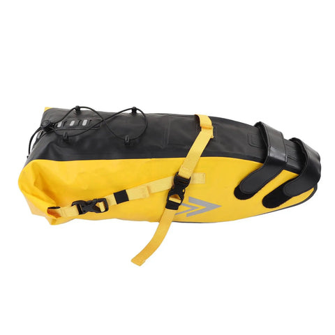 Bikepacking Saddle Bag 13L Waterproof 500D PVC Cargo Pack With Secure Buckle And Rope Attachment For Long Rides in black and yellow