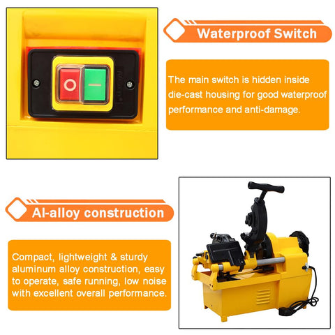 Rugged Industrial 3 In 1 Electric Pipe Threading Tool For Half To Two Inch Pipes With Durable Alloy Steel Cutter Head That Handles Water Gas And Electrical Conduit Jobs Like An Absolute Badass 220V showcasing waterproof switch and alloy construction.