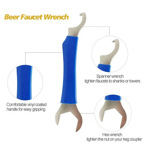 Heavy Duty Beer Faucet Wrench For Draft Systems, Tap Wrench With Hex Nut And Keg Spanner, blue vinyl grip, tool details