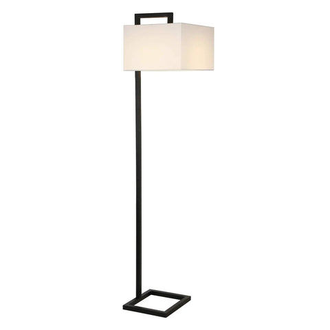 68 Inch Tall Floor Lamp With White Fabric Drum Shade In Blackened Bronze Finish Delivers Cozy Ambient Lighting For Relaxing Evenings In The Living Room Or Beside Your Couch.