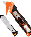 Dual Lock Safety Box Cutter With Retractable Blade, Hella Handy Package Opener For Quick Cuts, Includes Snap-Off Blades, Film Cutter And Tape Splitter For Warehouse And In-Store Cutting, orange and black