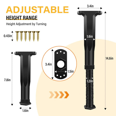Eight Piece Adjustable Bed Frame Support Legs Twist Base From 7.8 To 14.6 Inches With Mounting Screws, showcasing height adjustments and dimensions.