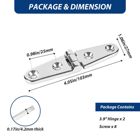 Heavy Duty Flat And Strap Hinge, Symmetrical Marine Grade 316 Stainless Steel For Boat Hatches, Toolboxes, Doors And Gates, 4x1 Inch, 2 Pack, Corrosion Resistant And Saltwater Safe, Rugged Marine Hardware.