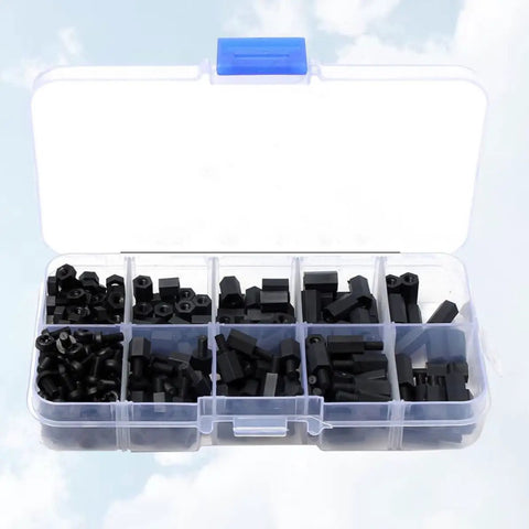 M3 300Pcs Black Nylon Hexagon Spacer Screws And Nuts Kit With Dope High Temperature Resistance Insulation And Non Conductive Properties Perfect For Office Gear And Electroplating Projects. open organizer case with black nylon M3 hex spacers, screws, and nuts