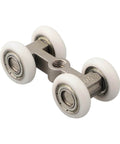 Heavy Duty 4 Wheel Stainless Steel Pocket Door Roller Set For Sliding Track Systems, showing wheels and metal frame.