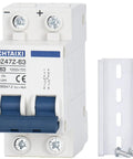 Front view of DC Miniature Circuit Breaker 2 Pole 1000V 63A Isolator For Solar PV System With Thermal Magnetic Trip And Fast Electromagnetic Trip DIN Rail Mount Disconnect Switch C63 Built For Rock Solid Power Distribution, shown with DIN rail and screws.