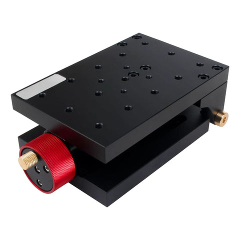 Workhorse Tilting Angle Platform Milling Table 0 To 65 Degrees Swivel Angle Plate For CNC Machining Adjustable Manual Pitch Tilt Workbench Aluminum Alloy Construction Built For Lathe And CNC Centers in black aluminum alloy, showing side view with red adjustment knob.