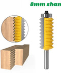 Top Shelf Multi Tooth Tenon Cutter With 8mm Shank For Woodworking And Splicing Machines showing sharp flutes and wooden joints.
