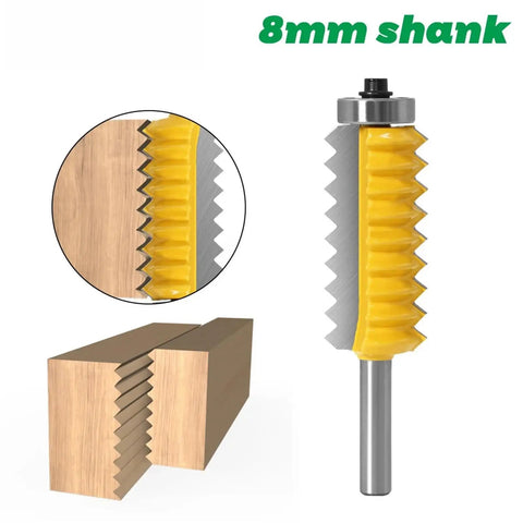 Top Shelf Multi Tooth Tenon Cutter With 8mm Shank For Woodworking And Splicing Machines showing sharp flutes and wooden joints.