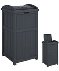 Hideaway Outdoor Trash Can With Lid, Resin Waste Container for Patio Garden Deck, 30 Gallon Capacity, front and open lid view