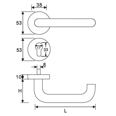 Technical drawing of Beefy 304 Stainless Steel Door Handle Lock Set dimensions for interior doors, sliding doors, bathroom levers.
