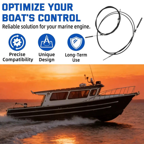 Boat on water with focus on 12ft Throttle Shift Remote Control Cables For Outboard Motors Fits Johnson Evinrude OMC BRP 1979 To Present