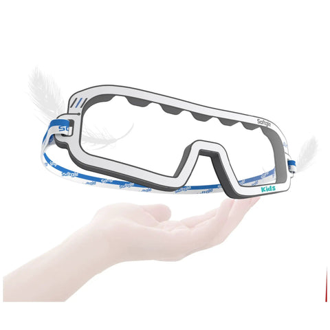 Ultra Lightweight 7g Anti Fog Kids Safety Glasses With Hella Comfy Fit Straight Shields Protection For Sports School Diy And Active Play Totally Awesome 6 Pack Set held in hand.