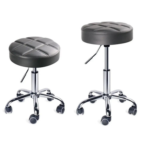 Two Round Rolling Stools With Wheels Adjustable Height For Work And Medical Tasks Light Gray Cushioned Seat Ergonomic Easy Mobility