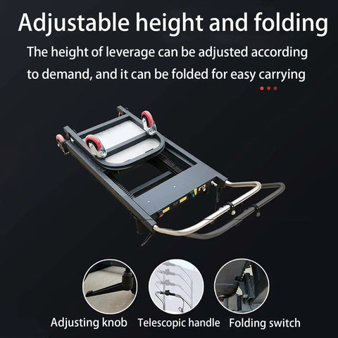 Must-Have Electric Stair Climbing Dolly With Powered Tracks And Four Wheels For Moving Heavy Furniture Safely Up Or Down Any Stairs Made Simple With Smooth Motorized Control, showing adjustable height and folding feature with wheels.