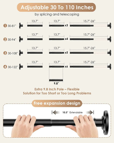 Diagram of Matte Black Extra Long Tension Shower Curtain Rod 30 To 122 Inches 1.1 Inch Diameter with adjustable sections