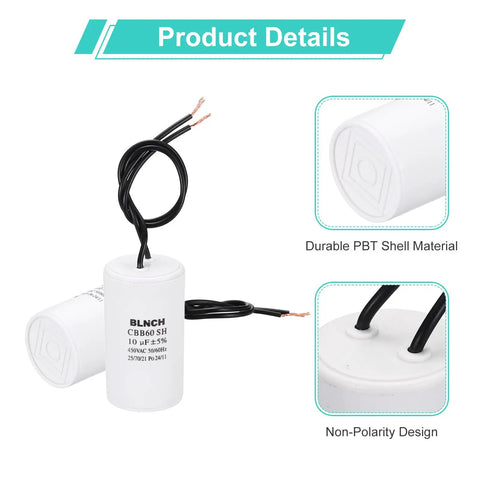 Beefed Up 10uF 450V CBB60 Motor Run Capacitor for single phase motors, air compressors, washers, 2 wire start, white shell