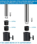 Diagram showing 1.5 in and 1.9 in PVC ring plugs for Umbrella Base Replacement Parts Kit with threaded knobs.