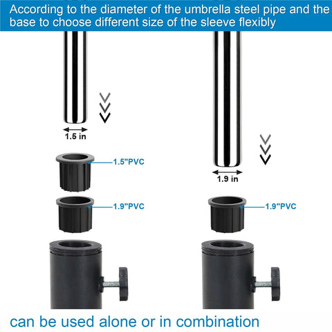 Diagram showing 1.5 in and 1.9 in PVC ring plugs for Umbrella Base Replacement Parts Kit with threaded knobs.