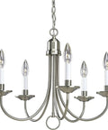 Five Light Chandelier In Brushed Nickel Finish, Classic Shaker Style Pendant Fixture For Dining Room Or Kitchen, metal frame view.
