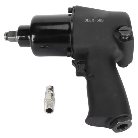 Bone Hard Half Inch Air Impact Wrench With Twin Hammer Core delivers knuckle busting 650 Nm torque, featuring black finish and air hose connection.