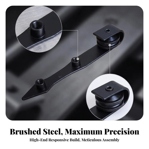 Slick Rolling Matte Black Barn Door Rollers With Three Threaded Mounting Posts For Straight Up Solid Interior Sliding Doors And Dead Quiet Tapered Hardware close-up of roller and threaded post detail.