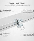 Heavy Duty Toggle Latch Clamp With High Tension Carbon Steel For Securing Tool Boxes, Gear Cases, And Industrial Enclosures To Keep Lids Shut Tight During Rough Transport And Daily Grind, close-up of stainless steel construction.