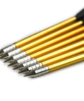 Close-up of steel-tipped 6.3 Inch Aluminum Crossbow Bolts With Plastic Vanes For 50-80 lb Mini Pistol Crossbows, aligned in a row