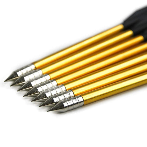 Close-up of steel-tipped 6.3 Inch Aluminum Crossbow Bolts With Plastic Vanes For 50-80 lb Mini Pistol Crossbows, aligned in a row