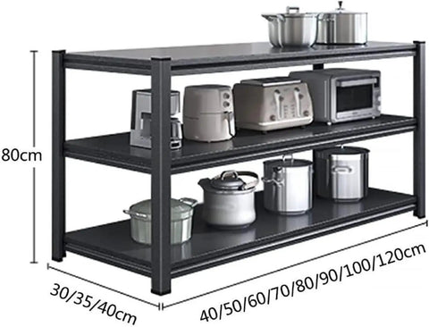 Kickass Three Tier Metal Shelving Unit Freestanding Steel Storage Rack With Heavy Duty Construction And Slick Black Finish Perfect Tight Setup For Garage Kitchen Office Or Restaurant Warehouse Organization 120X40X80CM with kitchen appliances arranged on shelves.