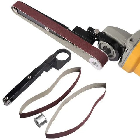 Electric Belt Grinder Adapter For Modified Sanding Machine With 180 Degree Swivel Head Ergonomic Grip, showing attachments and sanding belts.
