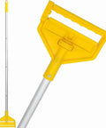 60 Inch Heavy Duty Mop Handle Featuring Upgraded Loop End Clamp And Smooth Grip Built Tough For Commercial Floors To Handle Heavy Scrubbing Tasks Without Breaking A Sweat, yellow grip and aluminum shaft.