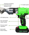 Portable Cordless Electric Shears for Metal Sheets 26V Battery features a chromium vanadium steel knife head and ergonomic rubber handle.