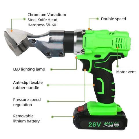 Portable Cordless Electric Shears for Metal Sheets 26V Battery features a chromium vanadium steel knife head and ergonomic rubber handle.