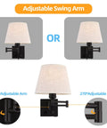 Must Have Bedside Wall Lamp With Dimmable Switch And USB Outlet Swing Arm Fabric Shade Sconce In Black details of adjustable arm