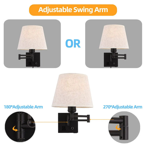 Must Have Bedside Wall Lamp With Dimmable Switch And USB Outlet Swing Arm Fabric Shade Sconce In Black details of adjustable arm