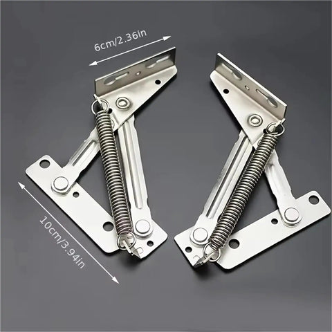 Two Pack 80 Degree Sprung Cabinet Hinges With Soft Close Dampening Lift Up Stay Top Support, metal brackets on gray surface